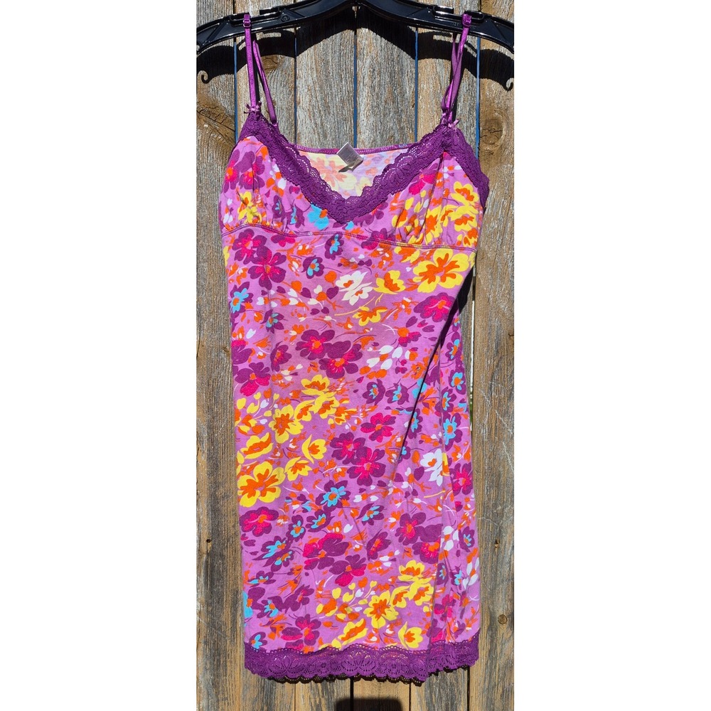 Intimates Purple Floral Cotton Lace Trim Sleep Chemise Nightgown Small